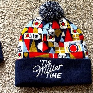Miller Lite Winter Beanie Cap Pom Pom Blue Red Hat Unisex Mens Womens